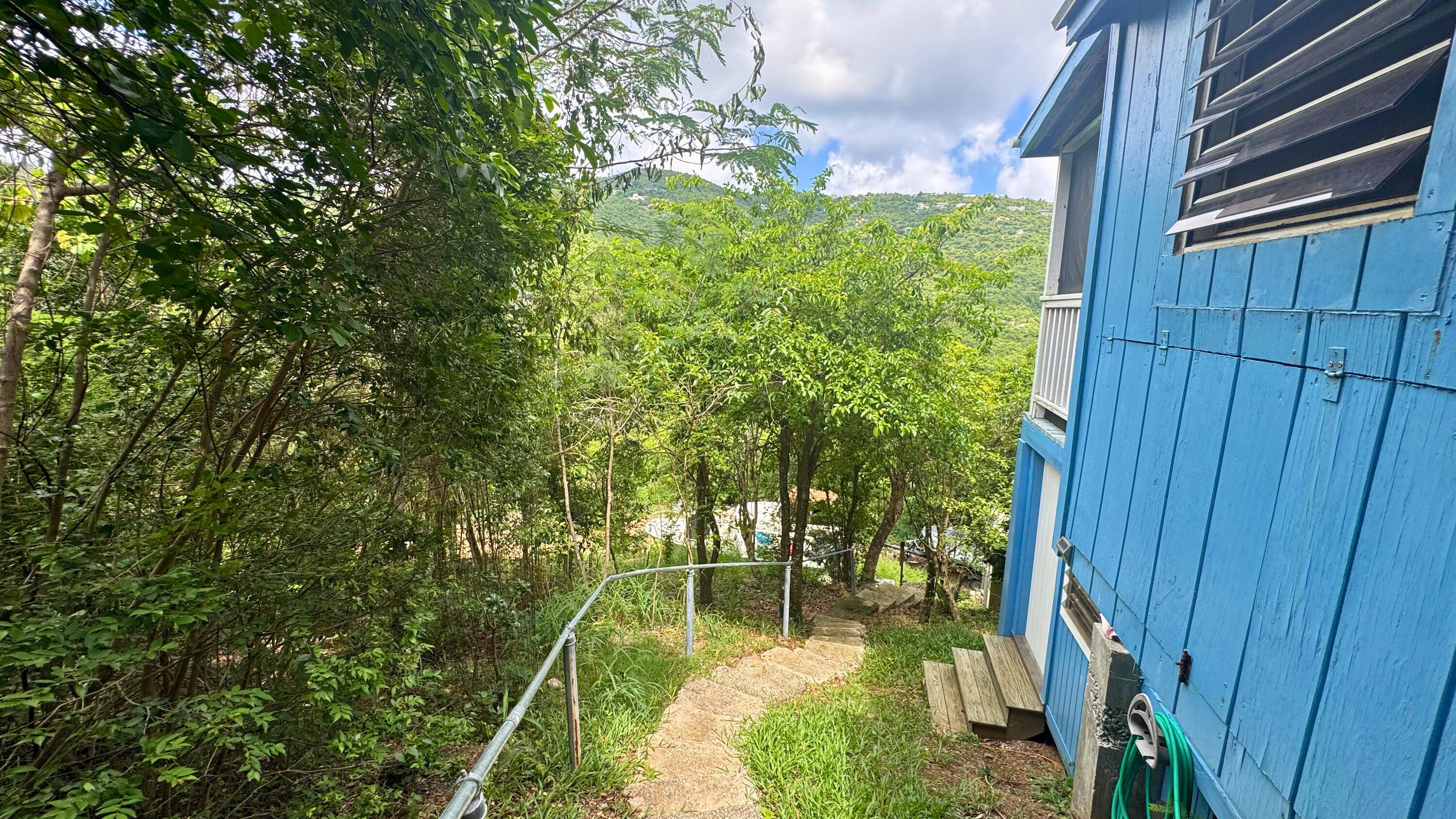 Blue-sided home beside a stone path descending through dense greenery toward a hillside.