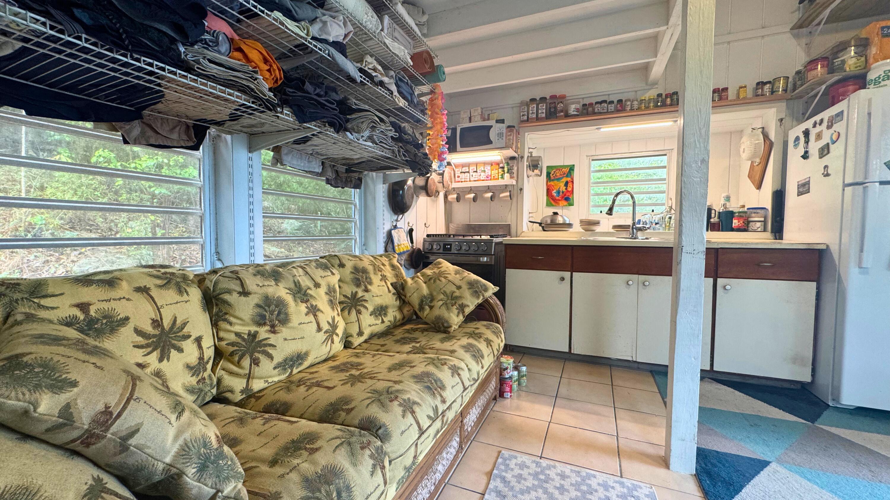 Compact kitchen and living area with a palm-print sofa and open shelves above the windows.