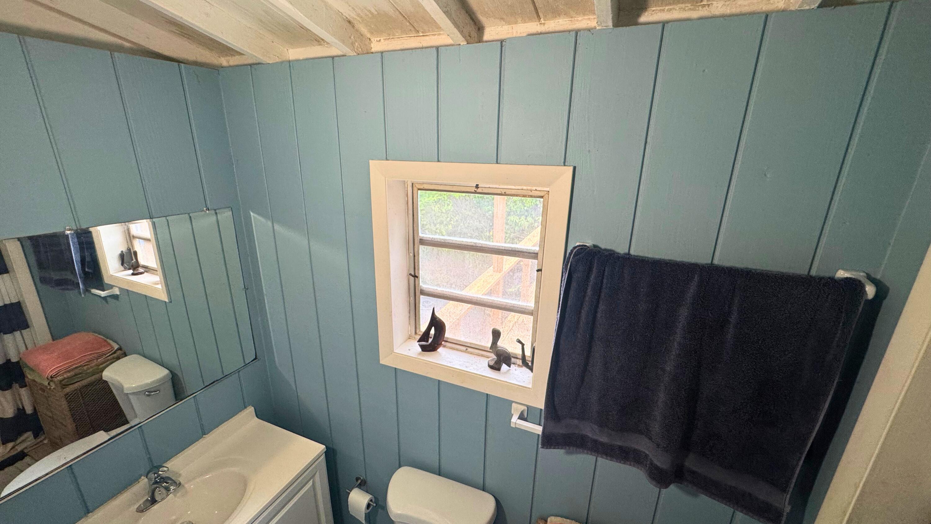 Bathroom with blue-green paneled walls, a white vanity, and a dark towel beside the window.