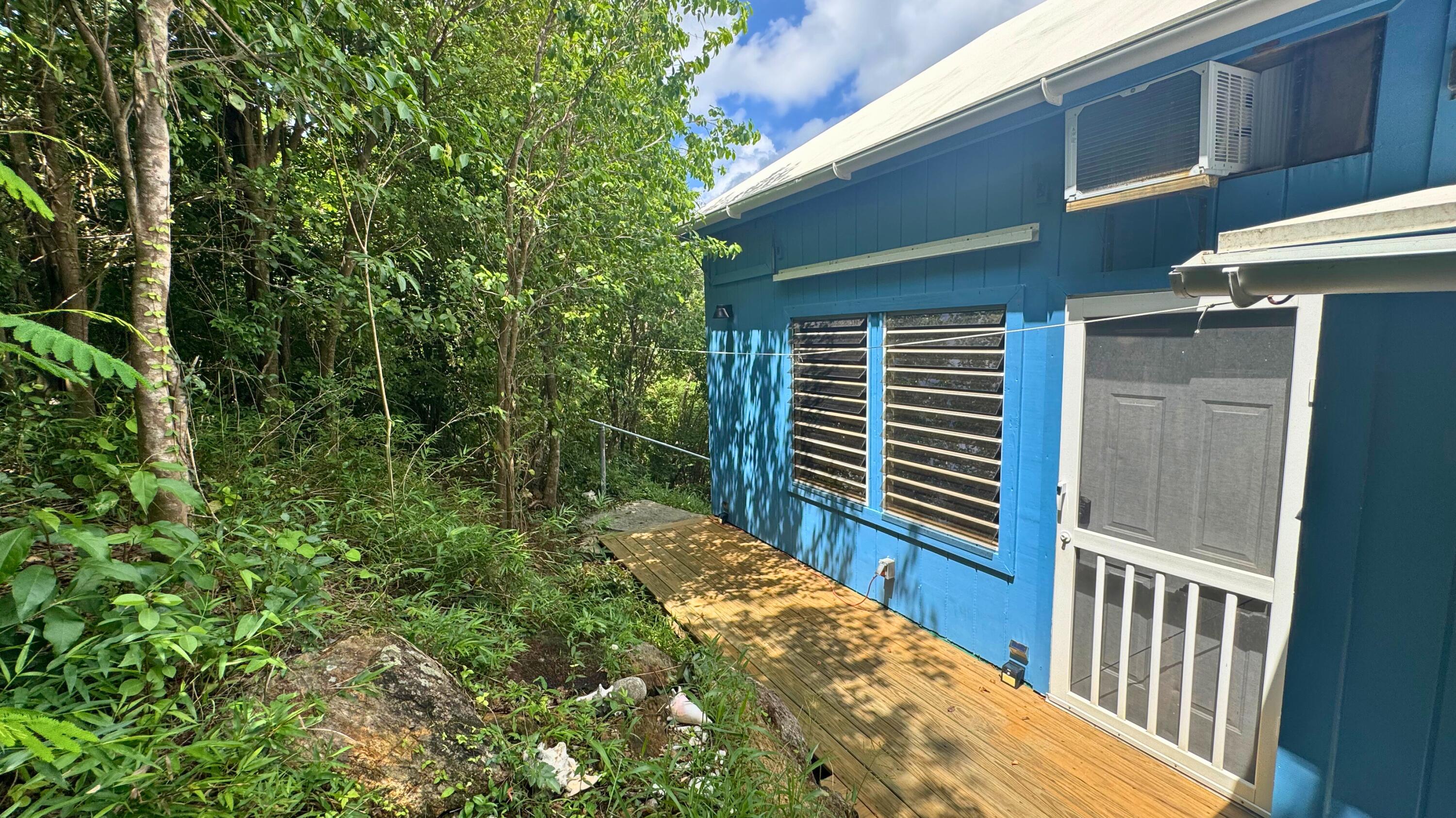 Blue-sided house with a narrow wooden deck bordered by dense tropical vegetation.