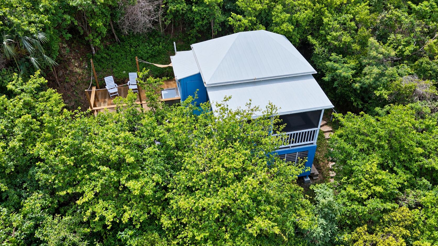 Blue house with a light metal roof and wooden deck nestled in dense tropical greenery.