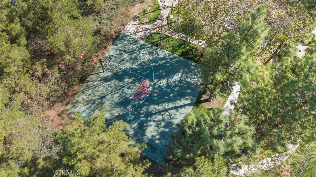 Aerial view of a shaded basketball court surrounded by trees and walking paths.