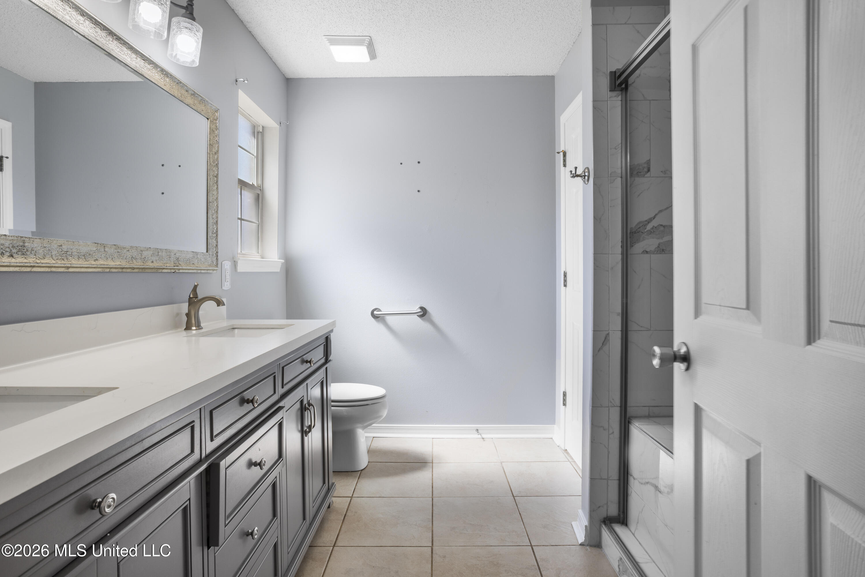 Bathroom with a gray vanity, framed mirror, grab bar, and glass-enclosed tiled shower.