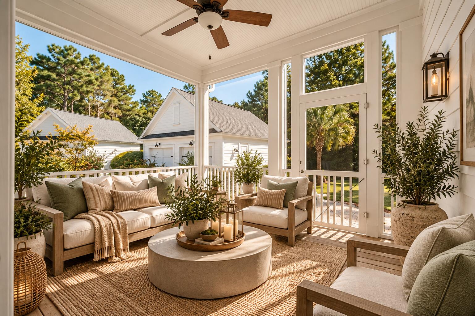 Screened porch with cushioned seating, a ceiling fan, and views of neighboring homes and trees.