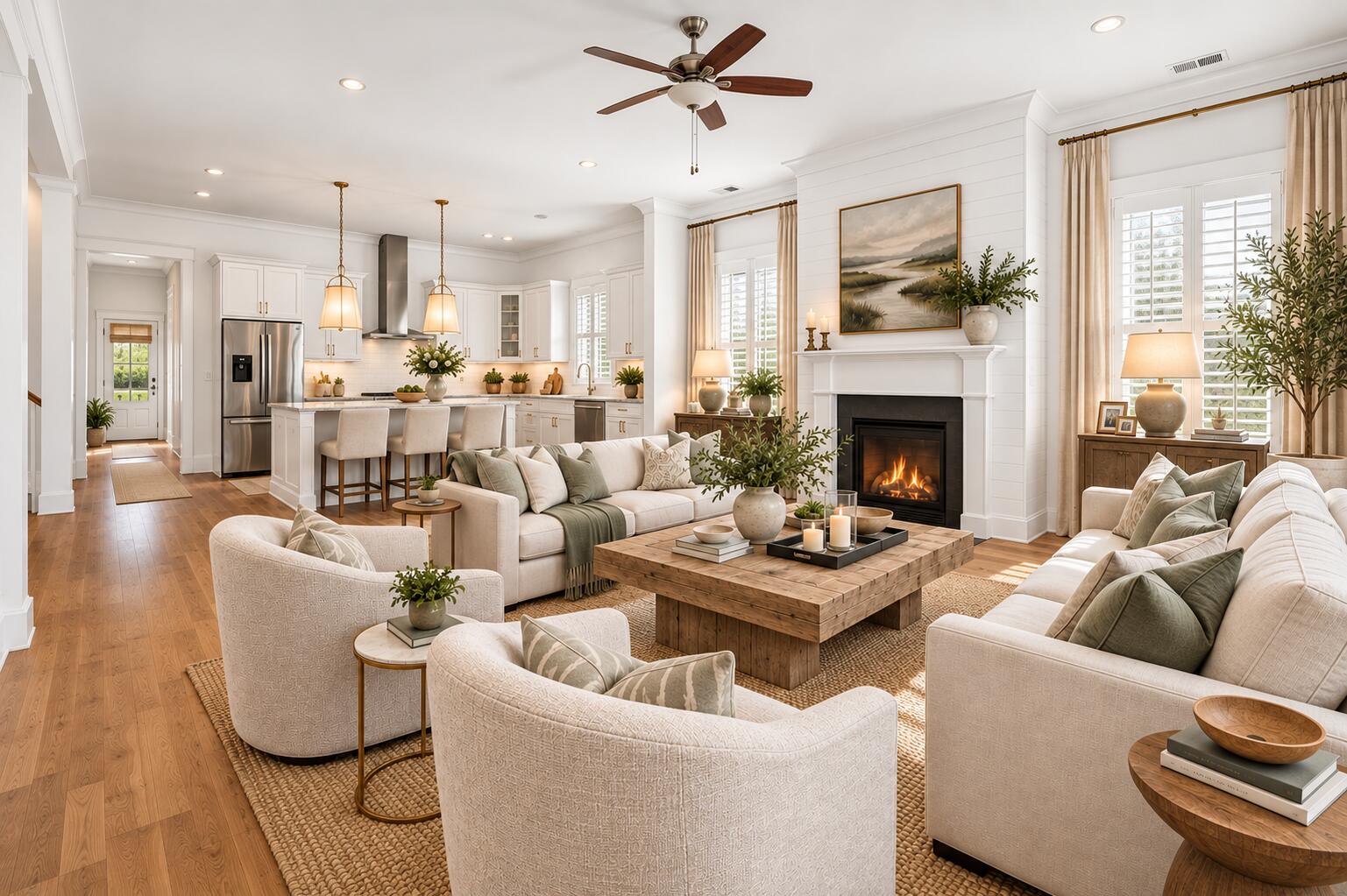 Open-plan living room and kitchen with a fireplace, light furnishings, and hardwood floors.