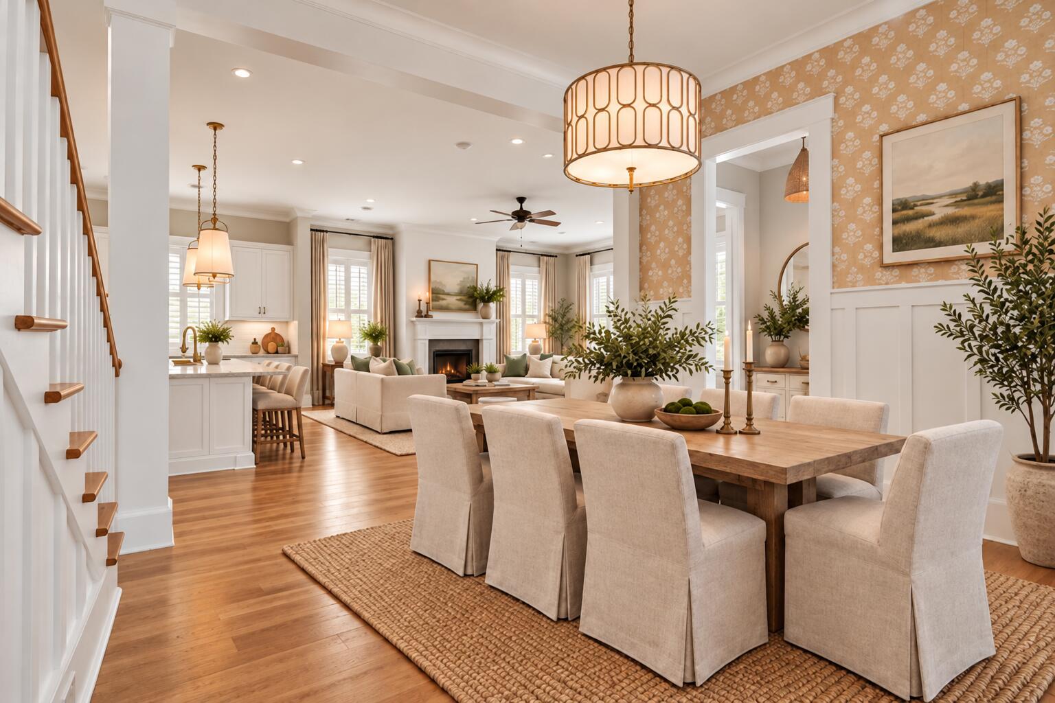 Dining room with a large wood table, patterned wallpaper, and an open view to the living room and kitchen.