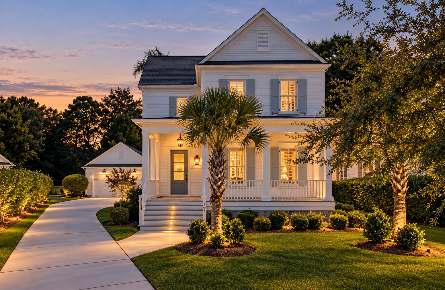 White two-story home with gray shutters, a columned porch, and illuminated landscaping at dusk.
