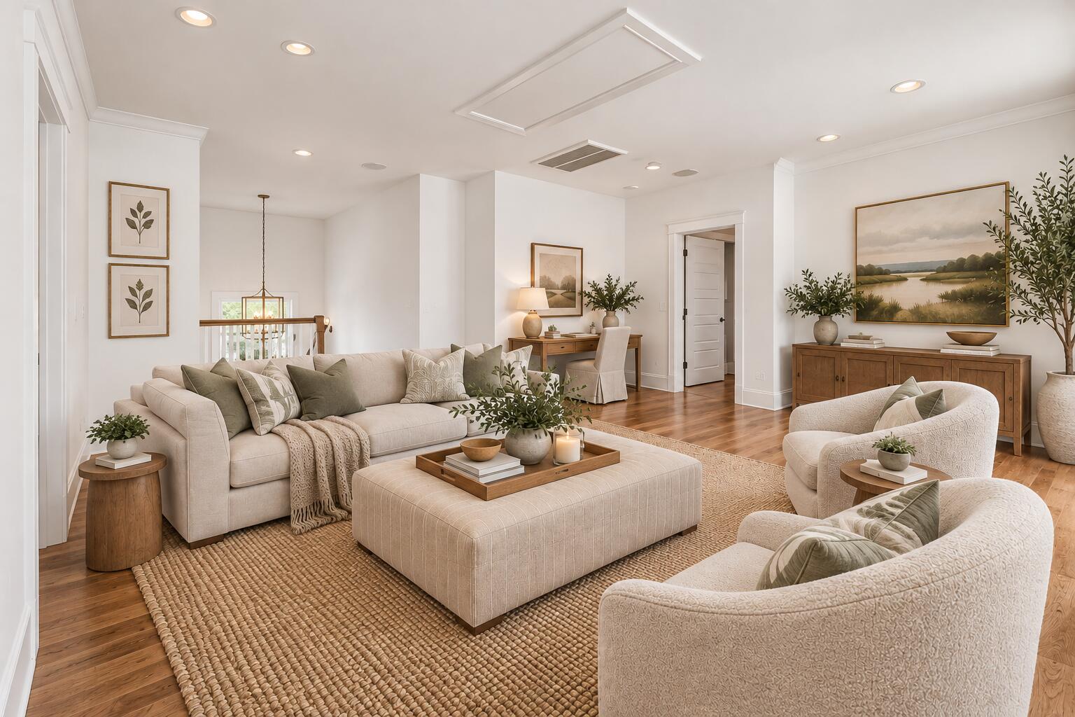 Staged living room with a cream sofa, woven rug, and large upholstered ottoman.