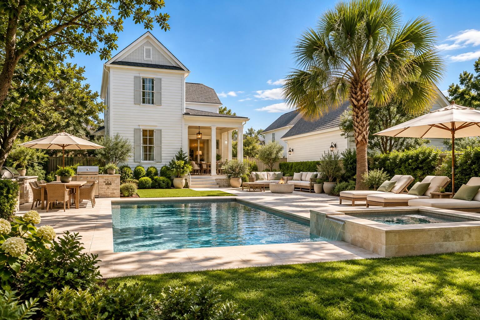 White two-story house behind a swimming pool, with palm trees and furnished patio seating.