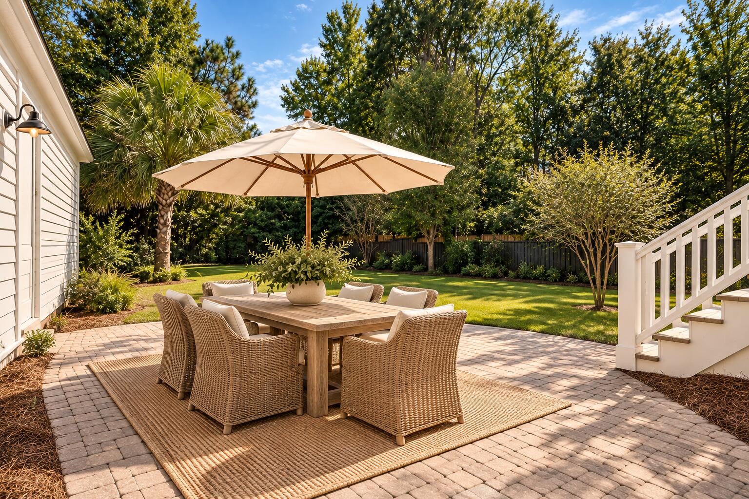 Patio dining area with wicker chairs beneath a large umbrella, beside a landscaped lawn and white stairs.