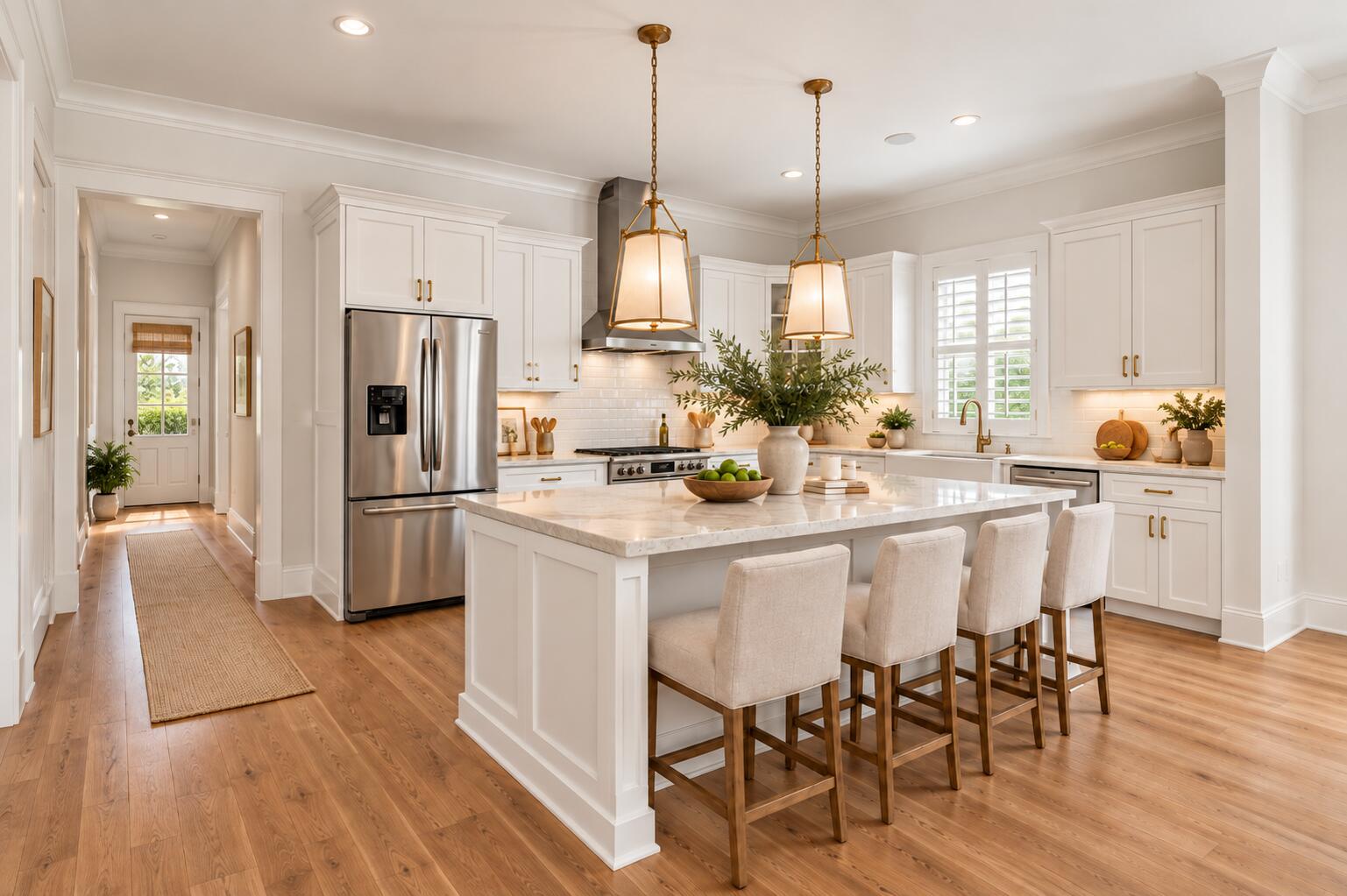 Bright white kitchen with a large island, four bar stools, stainless appliances, and hardwood floors.