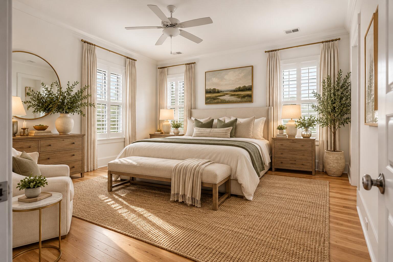 Staged bedroom with a king bed, woven rug, plantation shutters, and a ceiling fan.