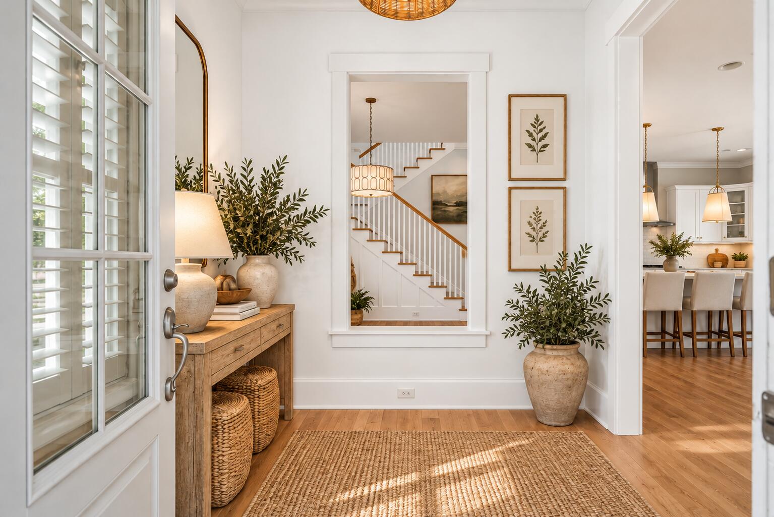 Bright foyer with a wood console, woven rug, and view through to the staircase and kitchen.