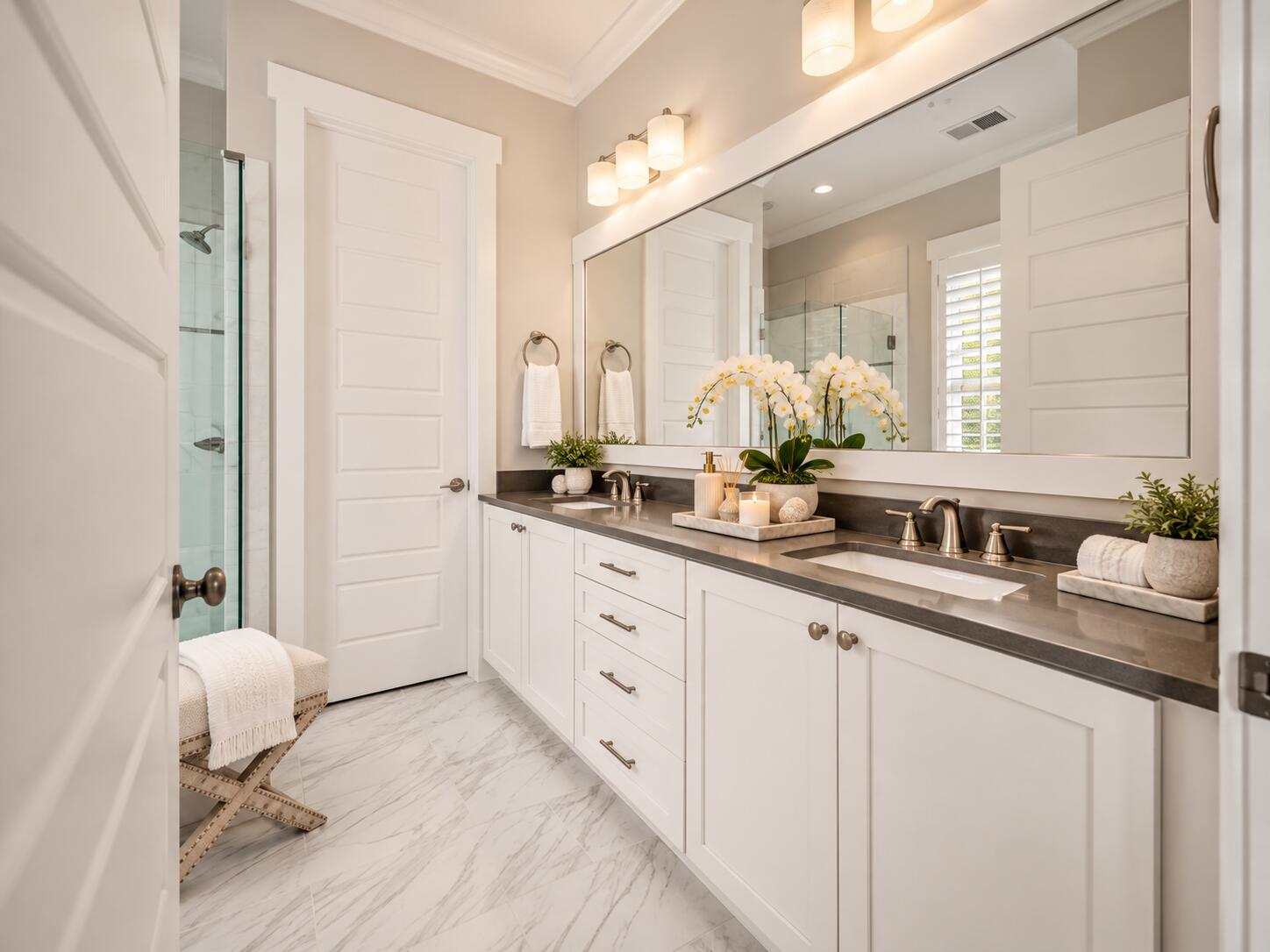 Bathroom with double vanity, marble flooring, and glass-enclosed shower.