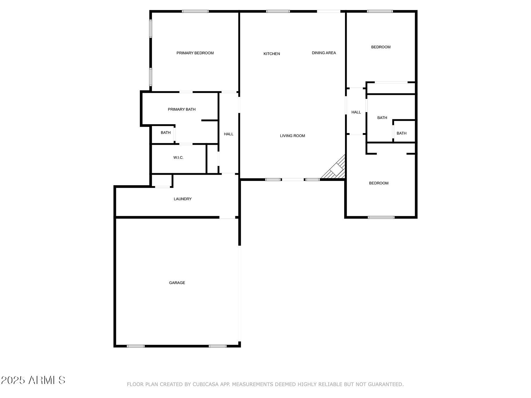 Floor plan showing three bedrooms, living and dining areas, kitchen, laundry, garage, and bathrooms.