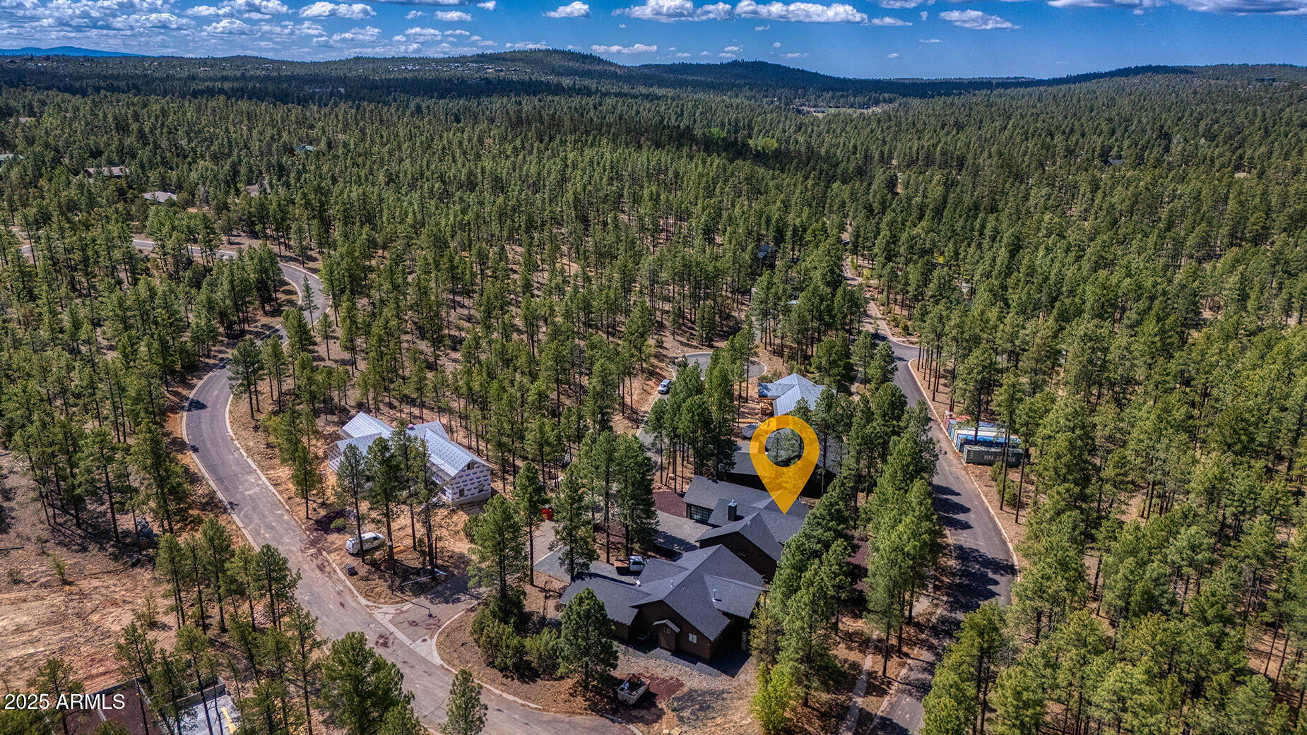 Aerial view of a home among pine trees, marked by a yellow location pin.