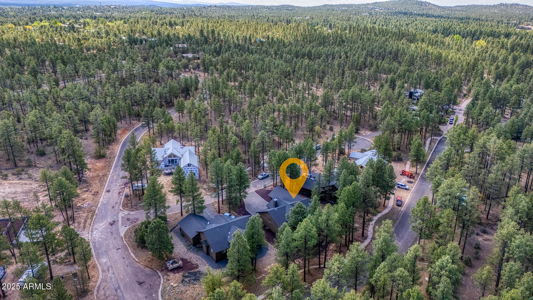 Aerial view of a home among pine trees, marked by a yellow location pin.