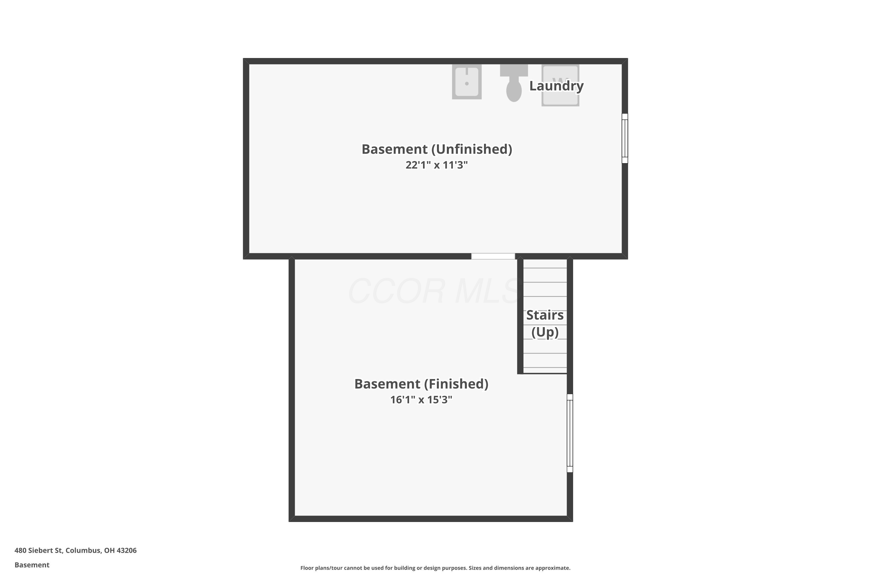 Basement floor plan showing finished and unfinished areas, laundry, and stairs.