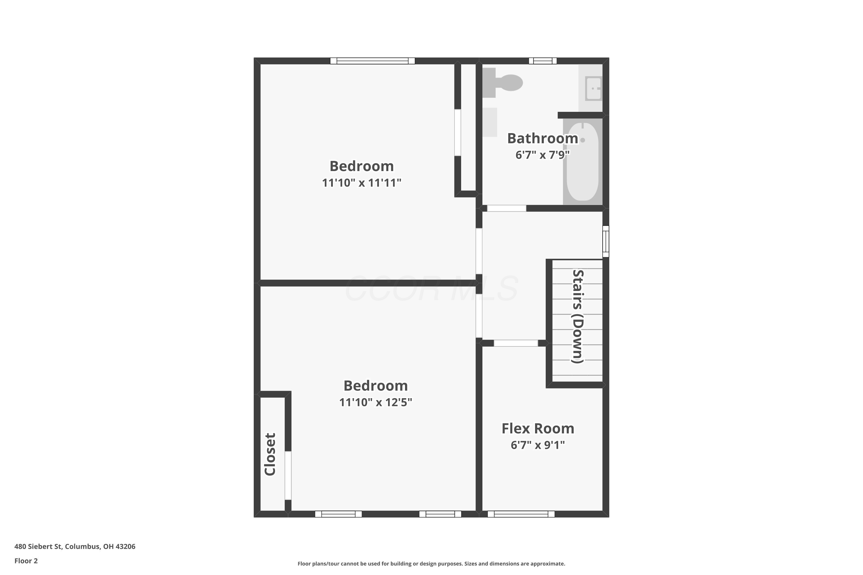 Second-floor plan showing two bedrooms, a bathroom, a flex room, a closet, and stairs.