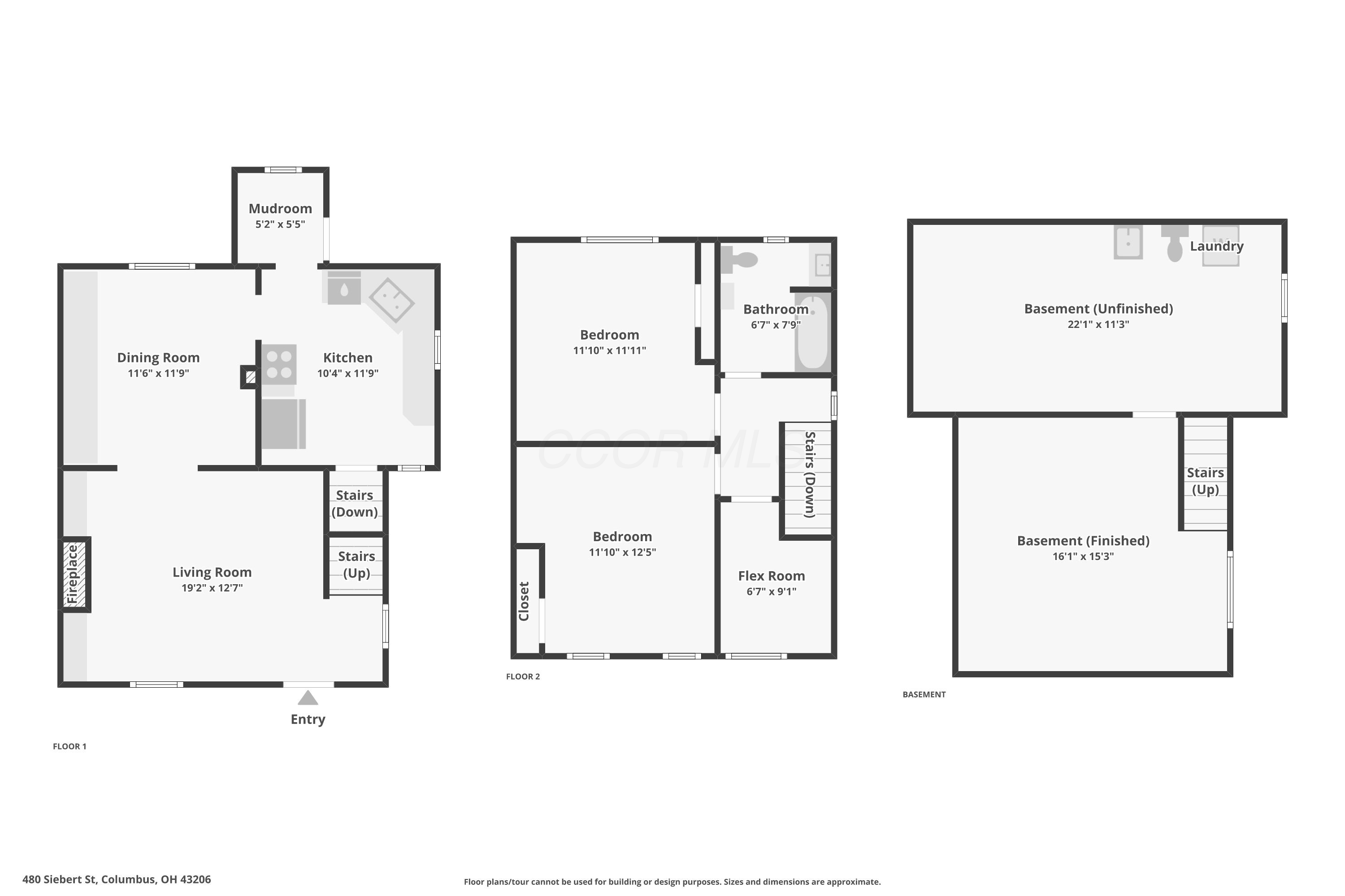 Floor plan of 480 Siebert Street showing two floors and a basement with labeled rooms.