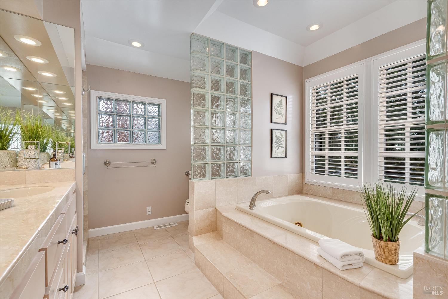 Bathroom with a built-in soaking tub, glass-block partitions, and shuttered windows.