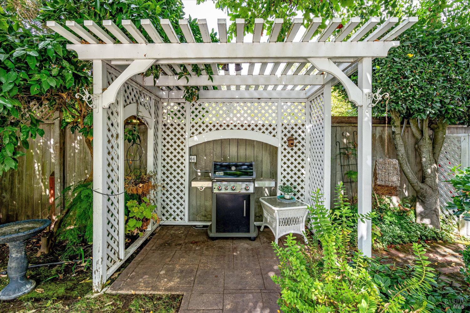 Garden patio with a barbecue grill beneath a white pergola, surrounded by leafy plants and mature trees.