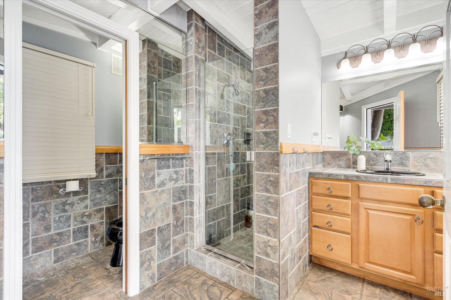 Bathroom with a slate-tile walk-in shower, wood vanity, and toilet in a separate alcove.