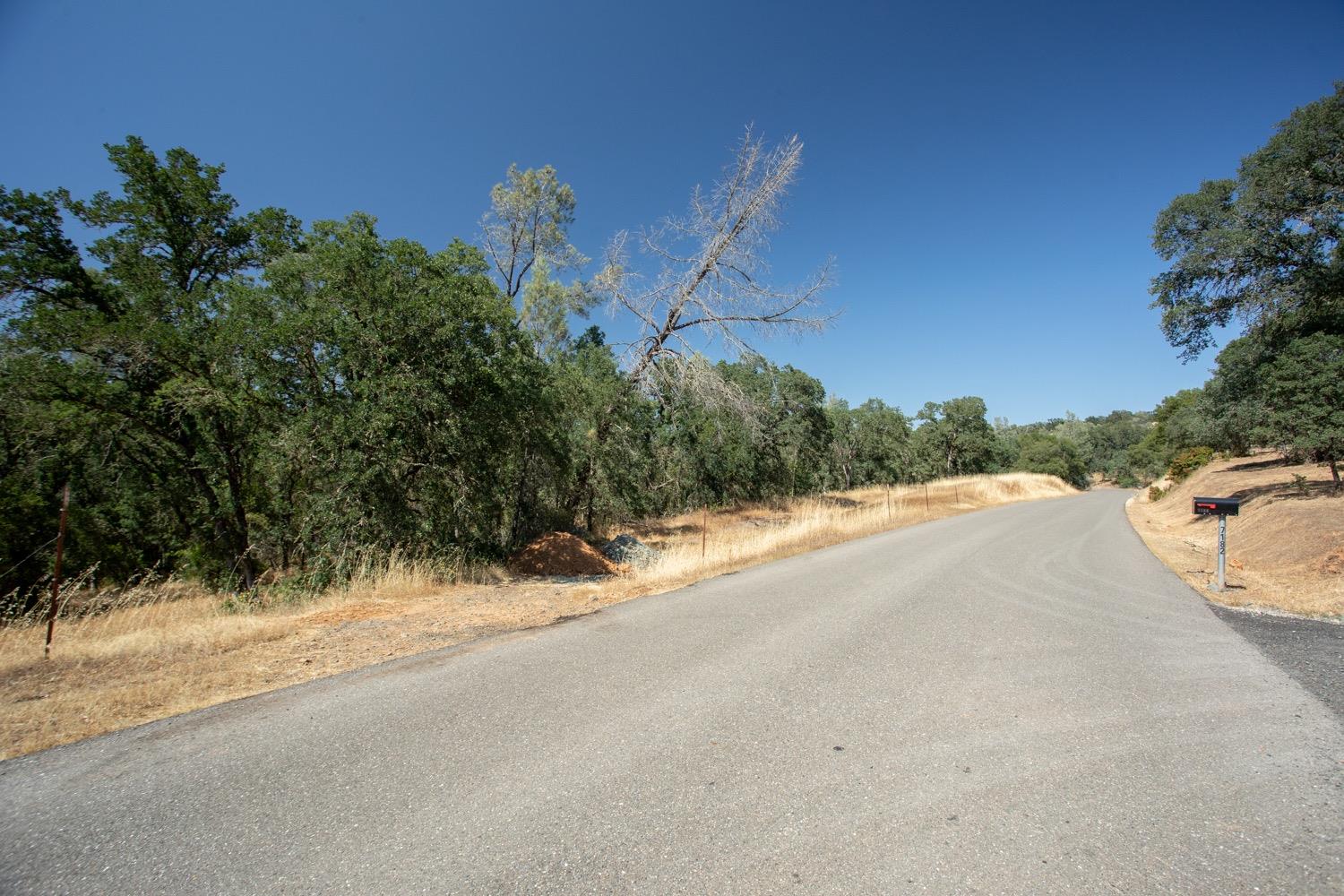 Rural property access road curves past dry grass and trees, with a mailbox marked 7182.