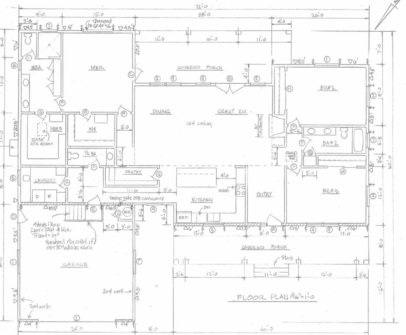 Hand-drawn home floor plan with a large garage, three bedrooms, open living and dining area, and covered porches.