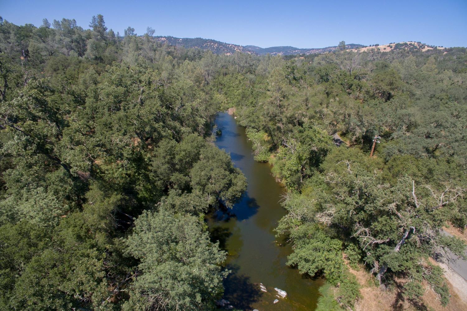 A river winds through dense woodland, with low hills in the distance.