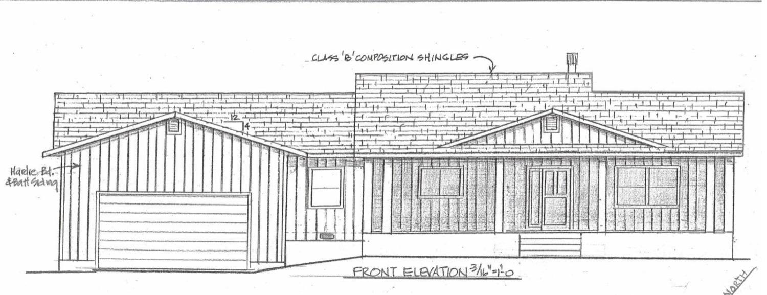 Front-elevation drawing of a single-story house with an attached garage and gabled roof.