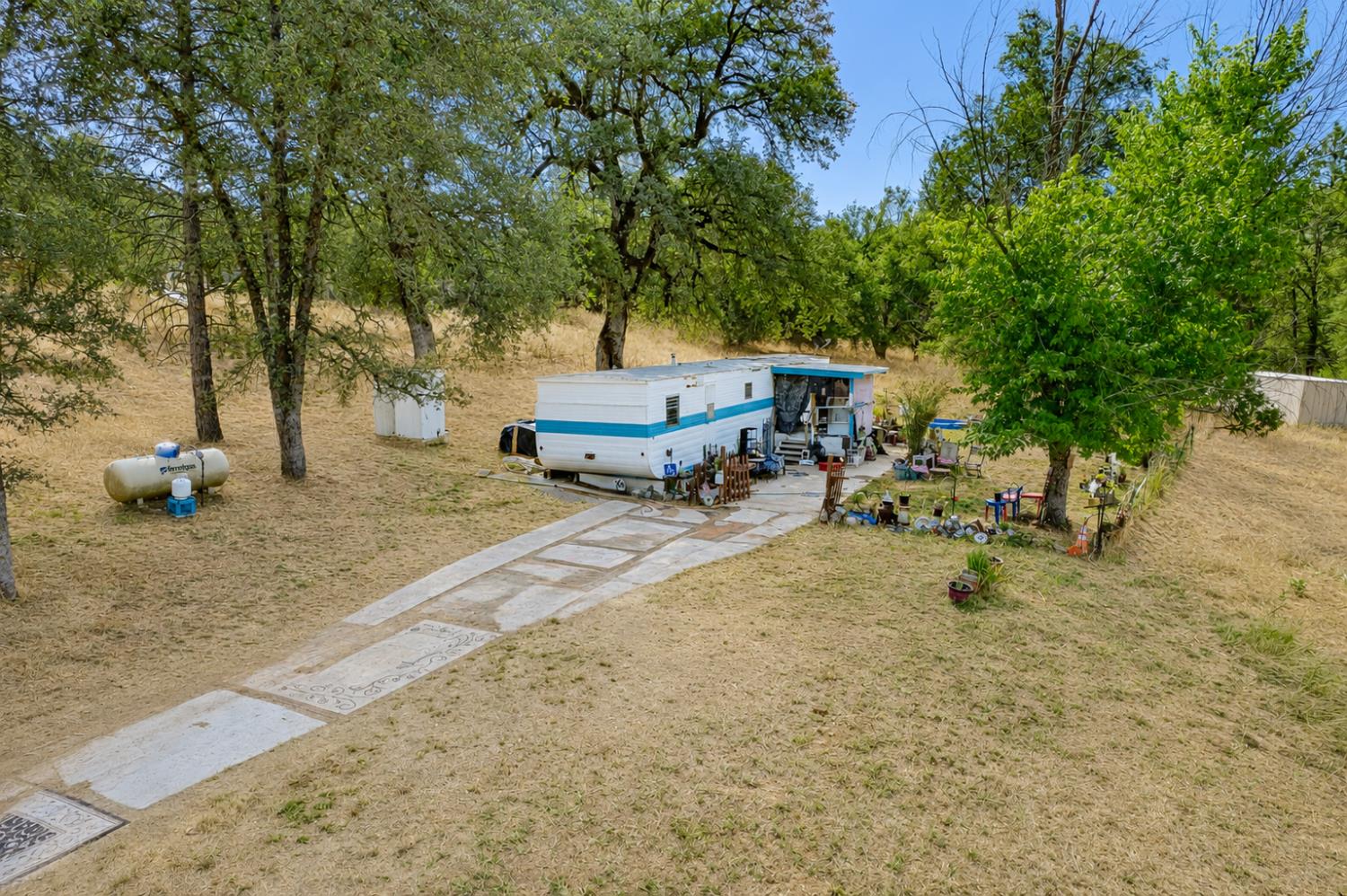 Travel trailer among mature trees on a dry grassy lot, with a paved walkway and potted plants.
