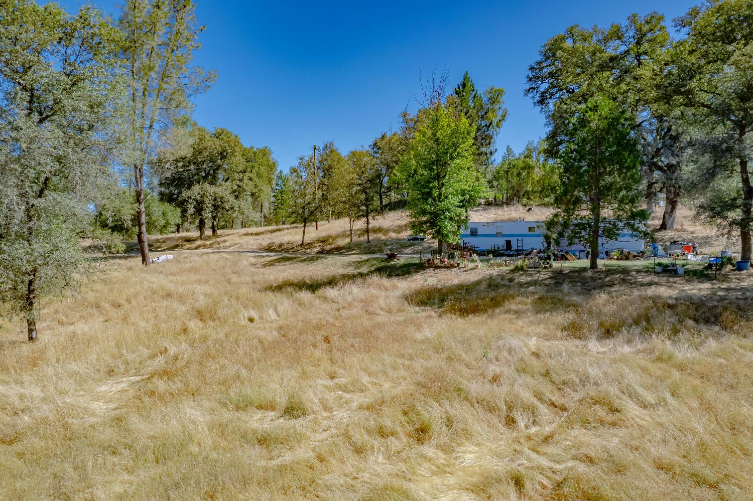 Rural property with dry grass, mature trees, and a manufactured home set back in the distance.