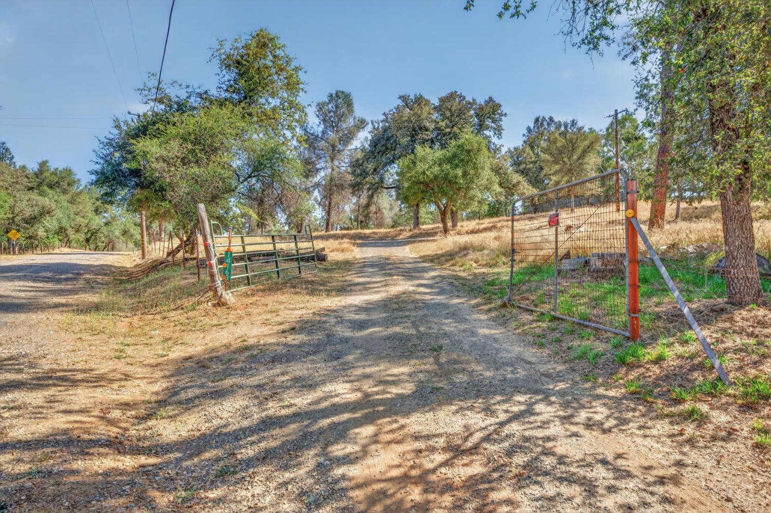 Rural property entrance with an open metal gate and a gravel driveway beneath mature trees.