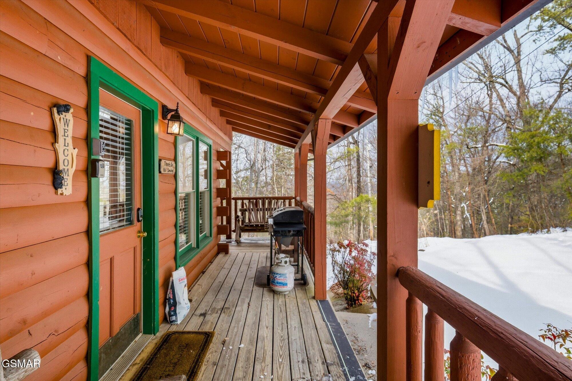 Covered cabin porch with green-trimmed door, porch swing, and grill beside snowy woods.