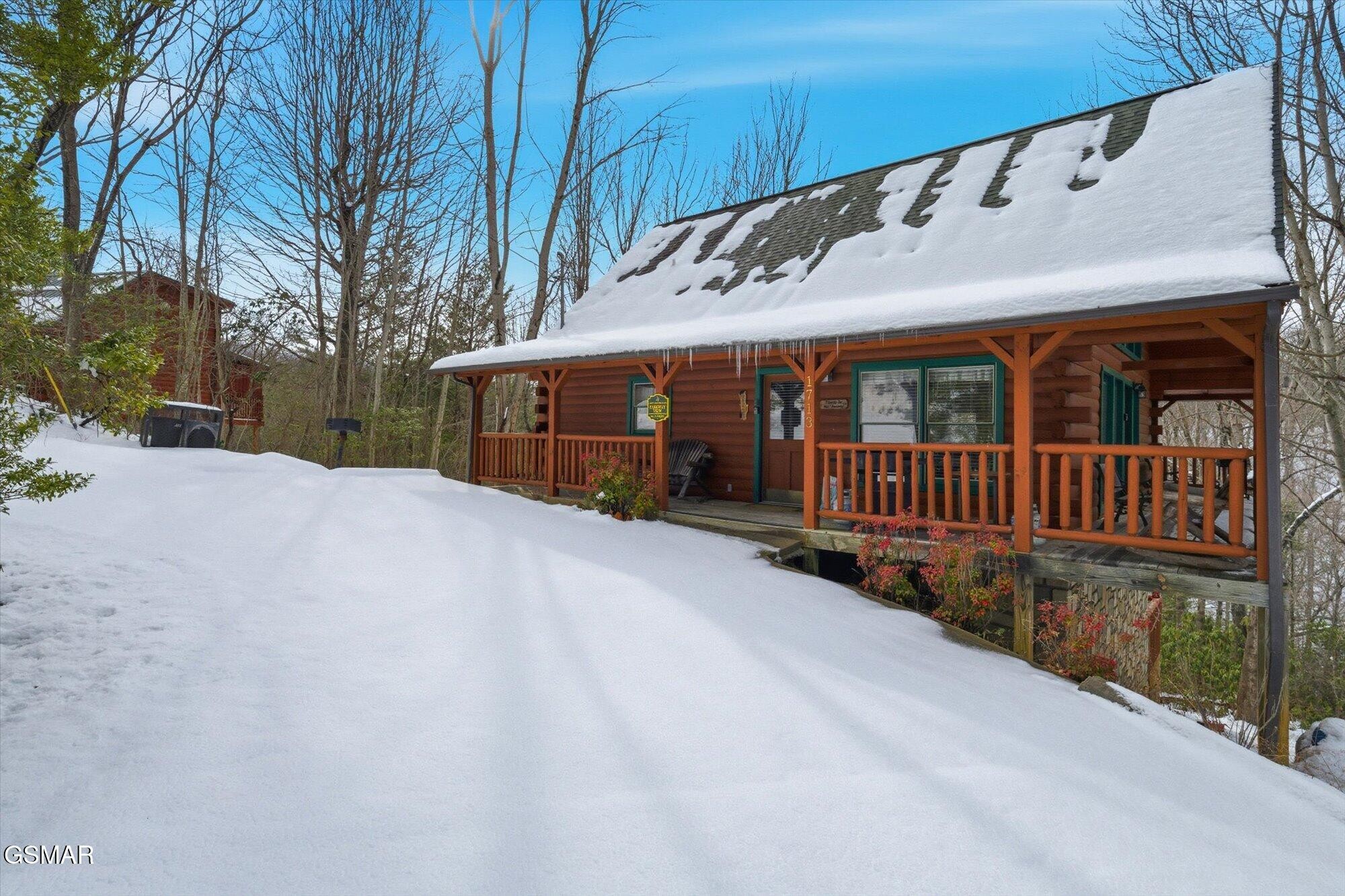 Log cabin with a covered porch stands amid deep snow and leafless trees.