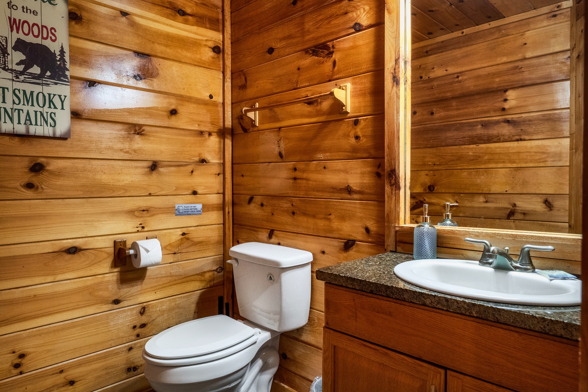 Cabin bathroom with knotty-pine walls, a white toilet, and a wooden vanity with granite counter.