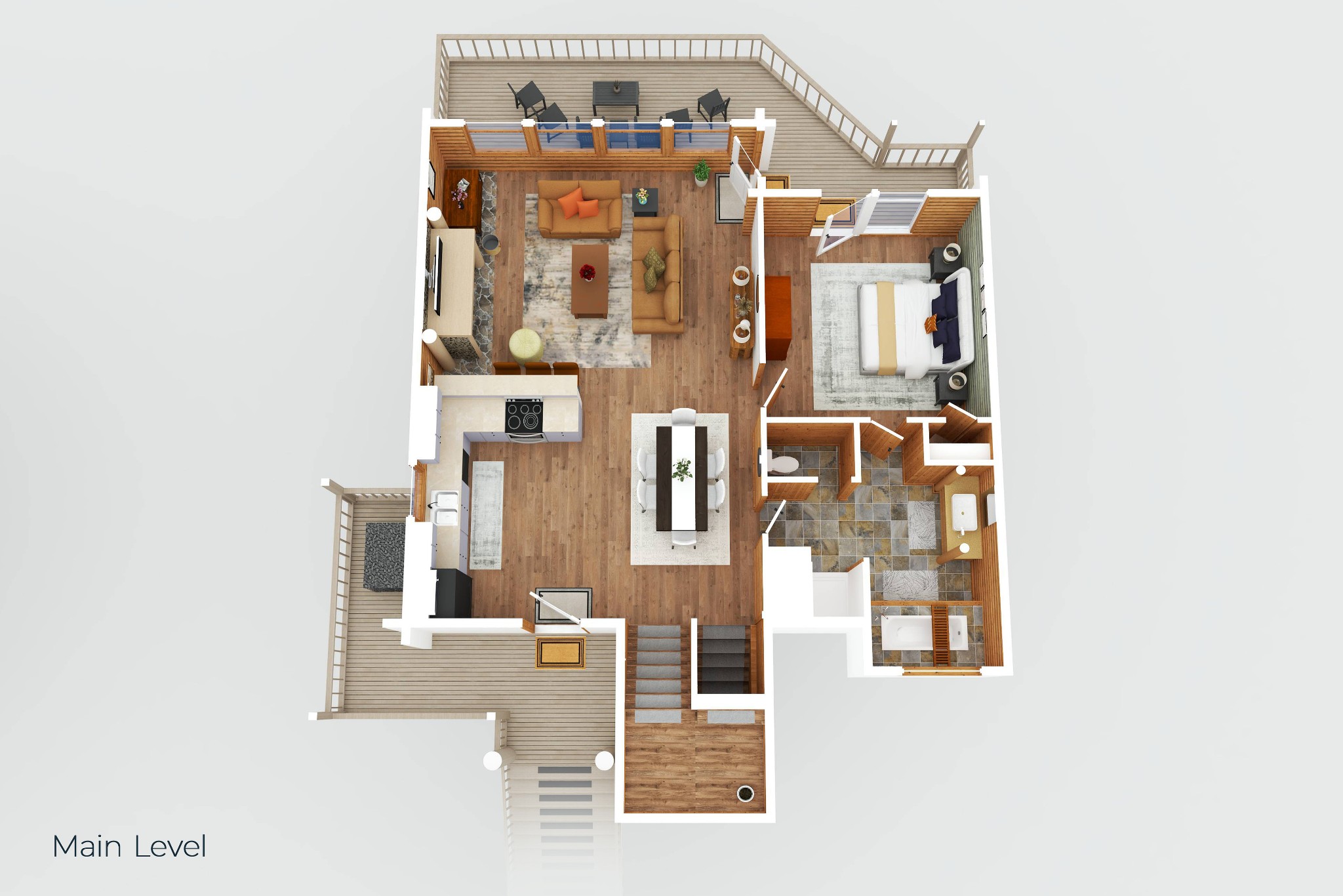 Main-level floor plan with an open living and dining area, kitchen, bedroom, bathroom, and decks.