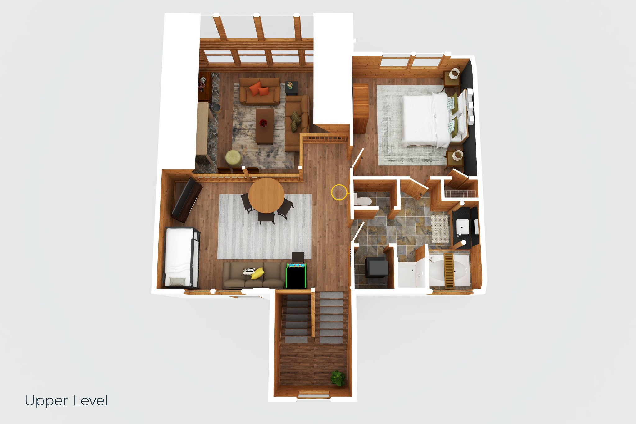 Upper-level floor plan with living and dining areas, bedroom, bathroom, stairs, and entry deck.