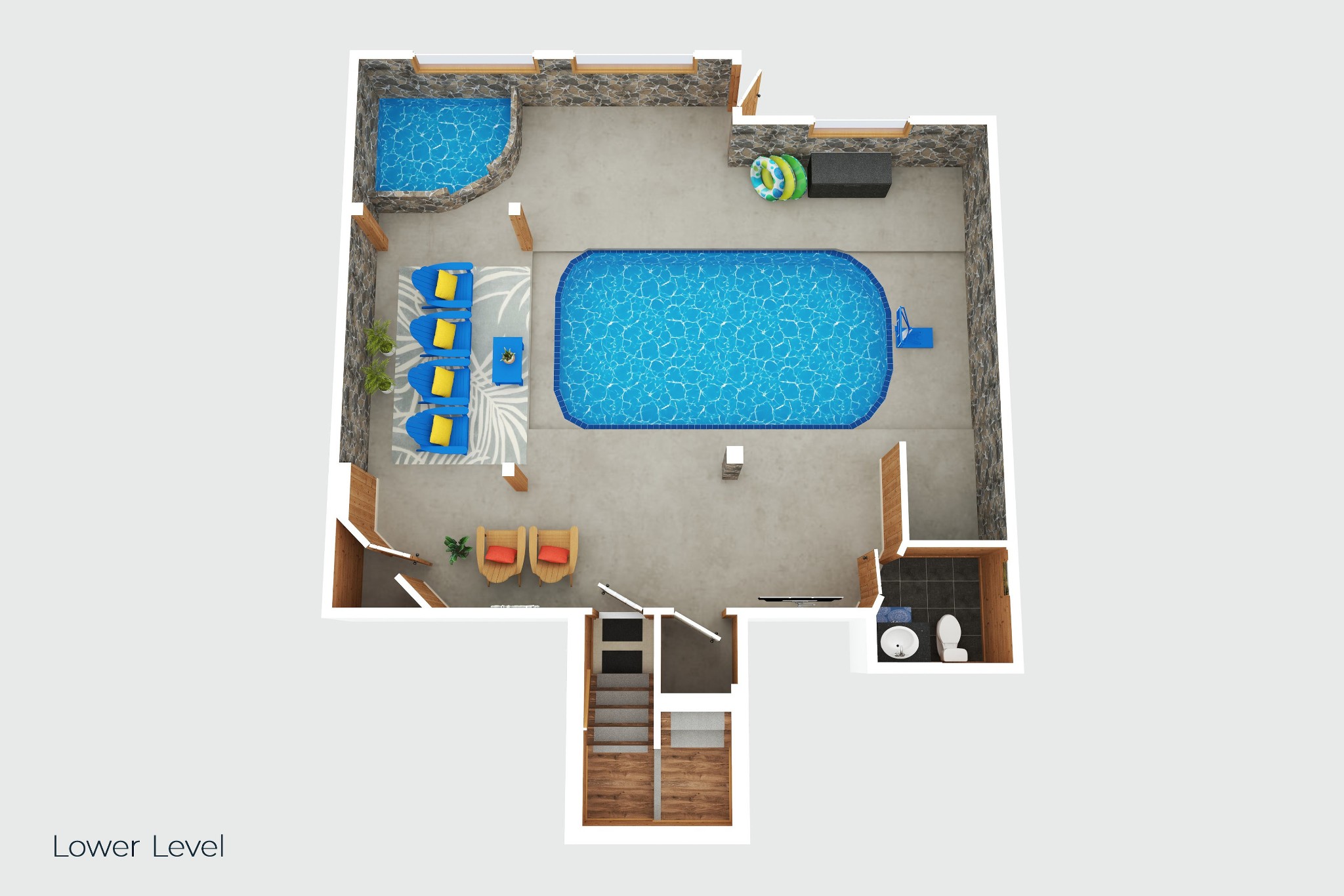 Lower-level floor plan with a large pool, lounge seating, bathroom, and stairs.