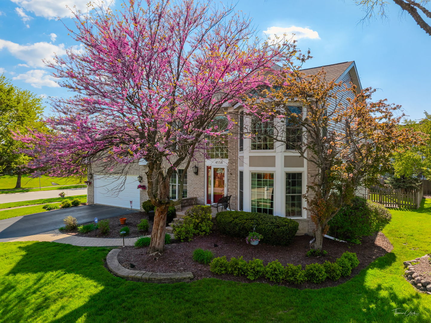 Two-story house with a pink-flowering tree, landscaped lawn, and driveway.