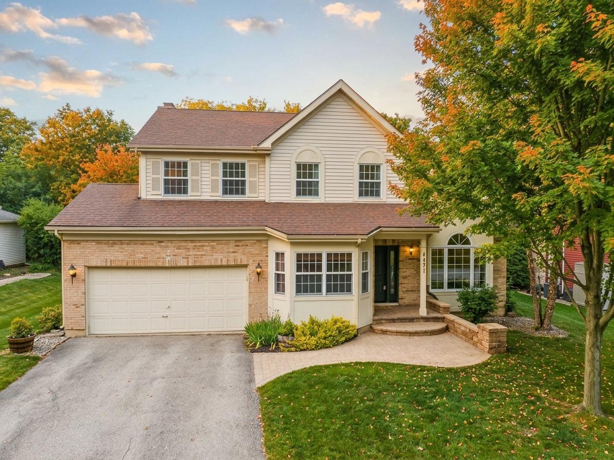 Two-story tan brick-and-siding home with a two-car garage, arched windows, and colorful autumn trees.
