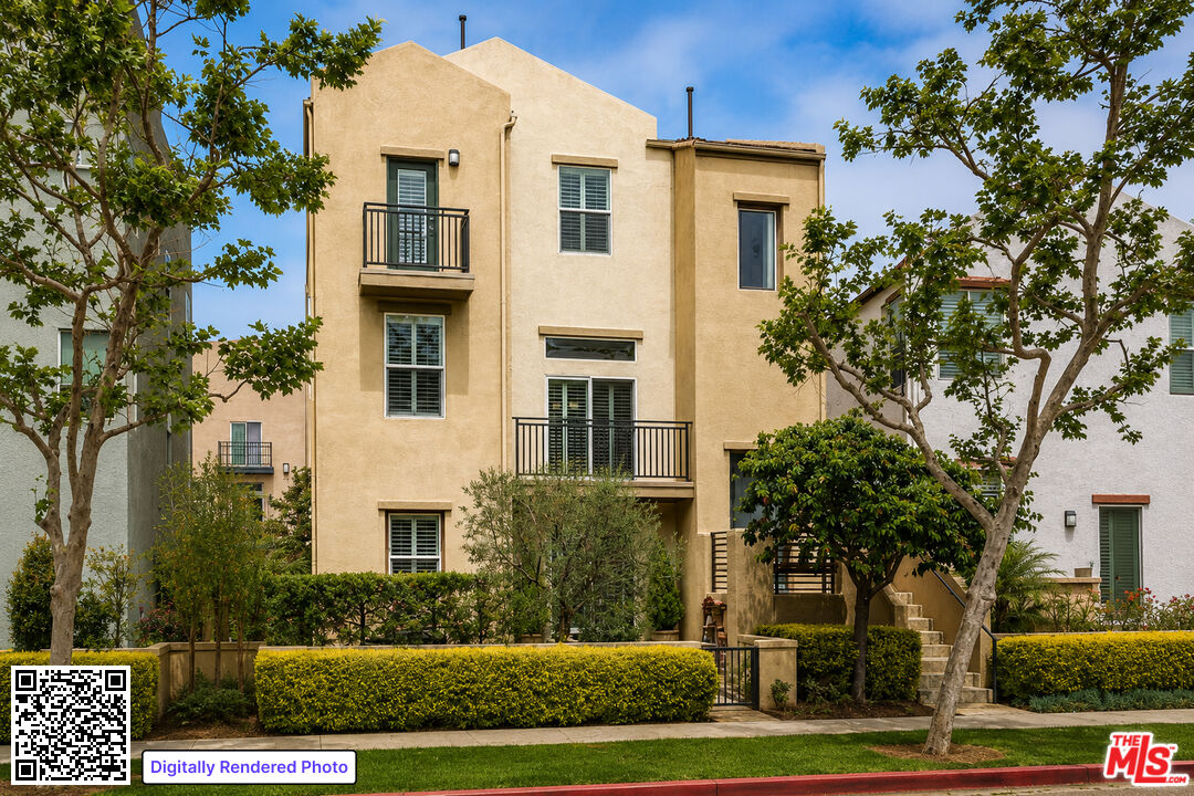 Rendered exterior of a beige multi-story residence with balconies and landscaped frontage.