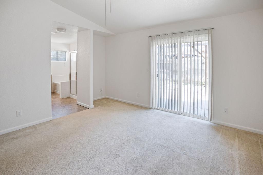 Empty carpeted living area with vertical blinds over a sliding glass door.