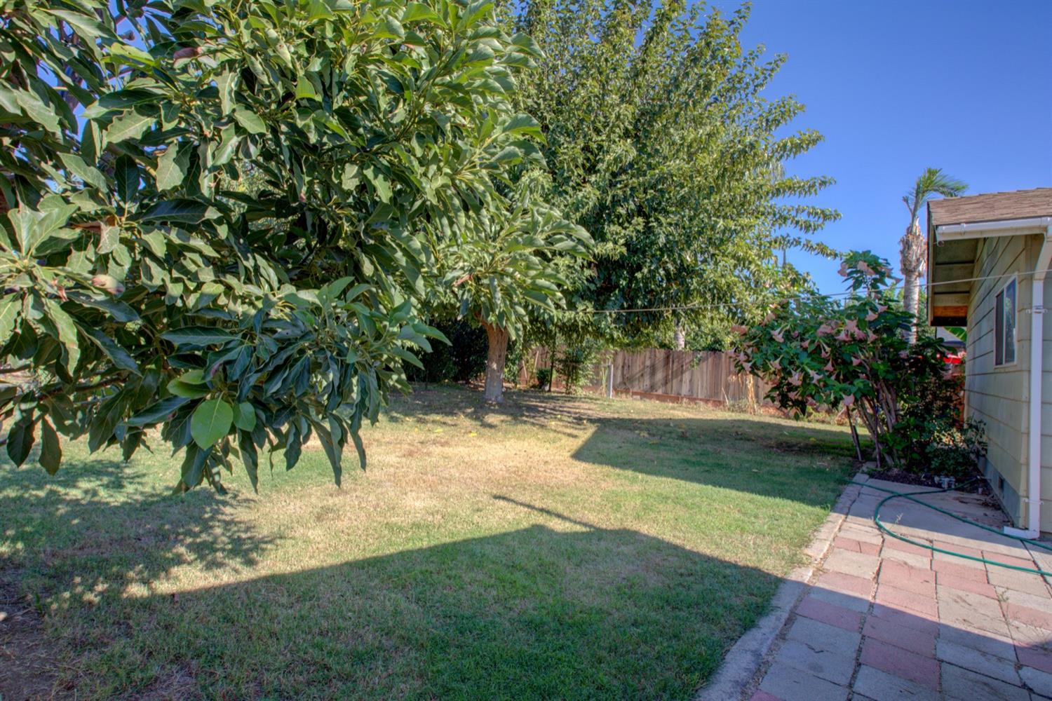 Backyard with mature trees, a lawn, wooden fencing, and a paved walkway beside the house.
