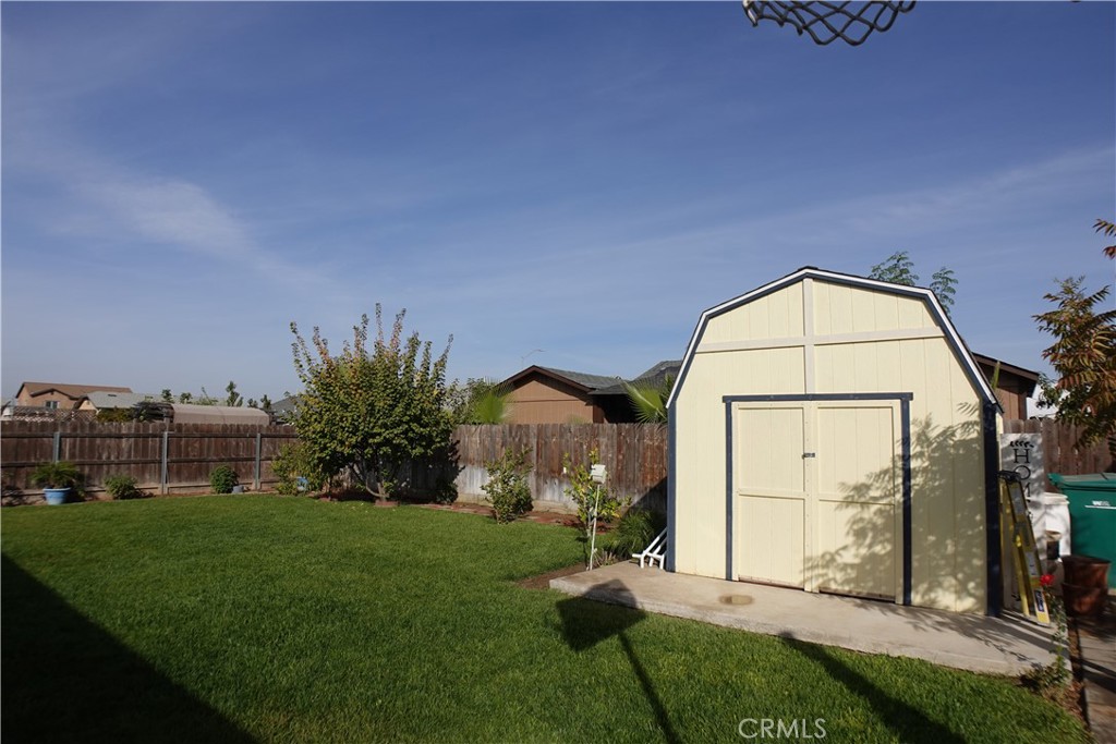 Backyard lawn with a cream storage shed, wooden fencing, and shrubs.