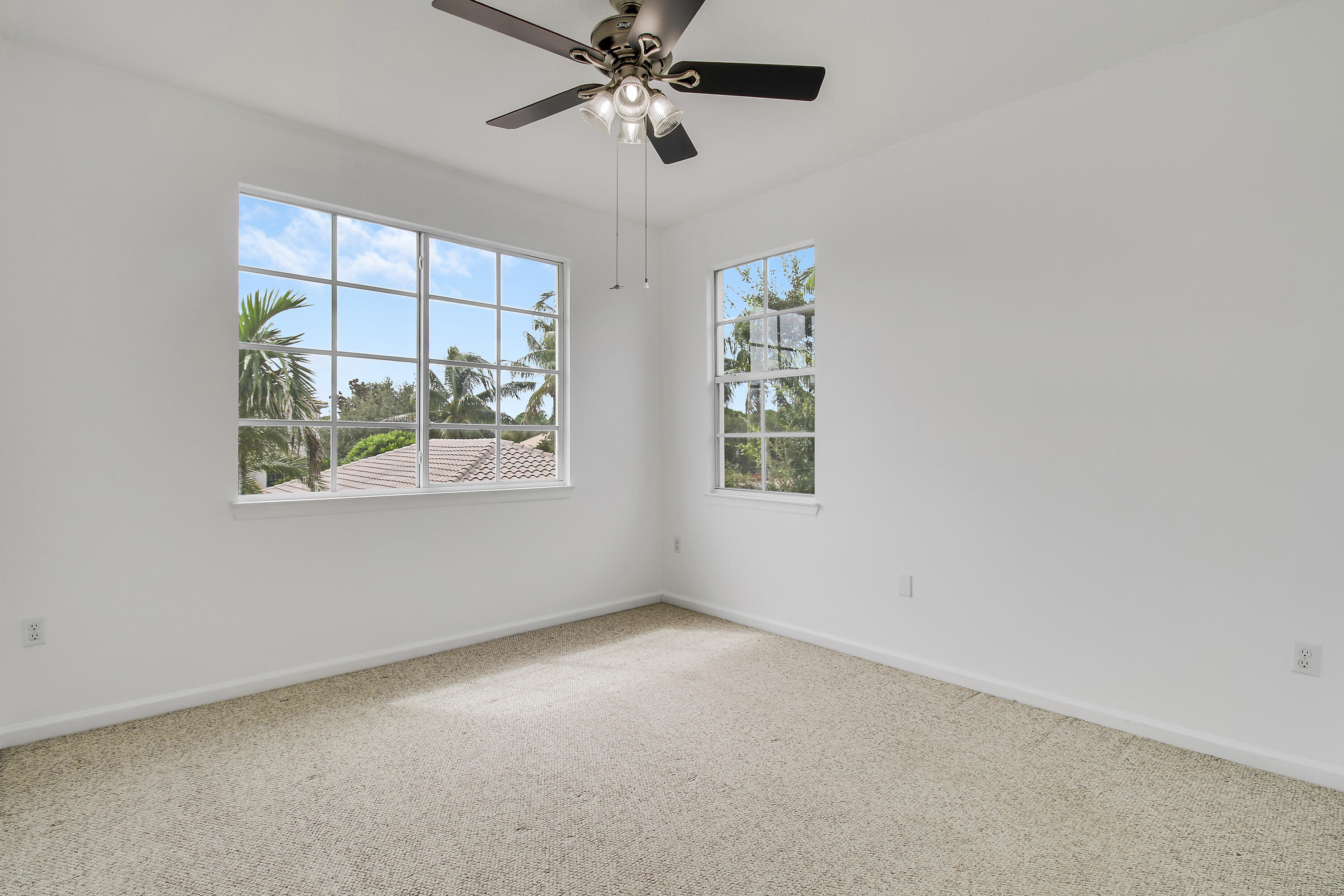 Empty bedroom with beige carpet, a ceiling fan, and large windows overlooking palm trees.