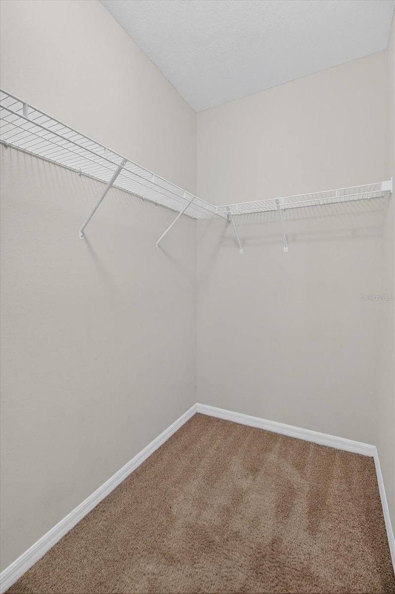 Empty walk-in closet with beige carpet and white wire shelving along two walls.