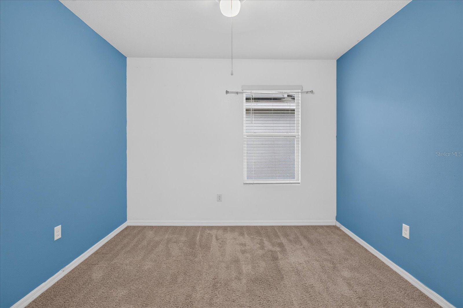 Empty bedroom with blue walls, beige carpet, and a window with blinds.