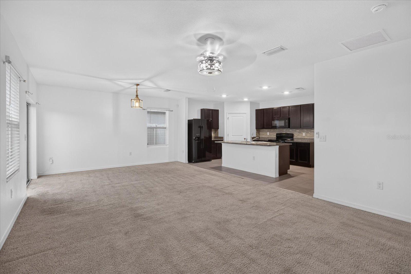 Open living area with beige carpet and an adjoining kitchen with dark cabinets and a peninsula island.